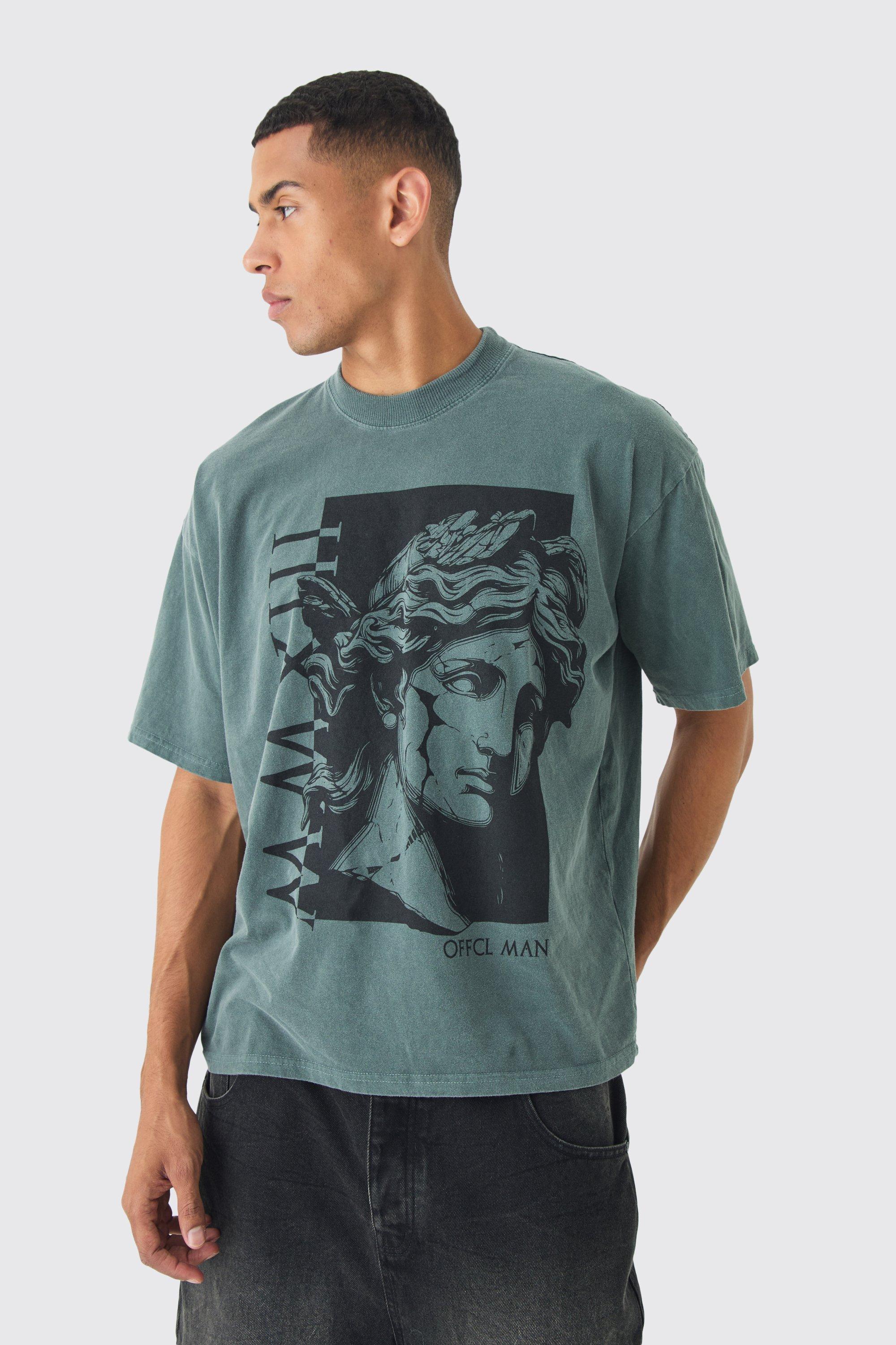 Mens Blue Oversized Extended Neck Renaissance T-shirt, Blue